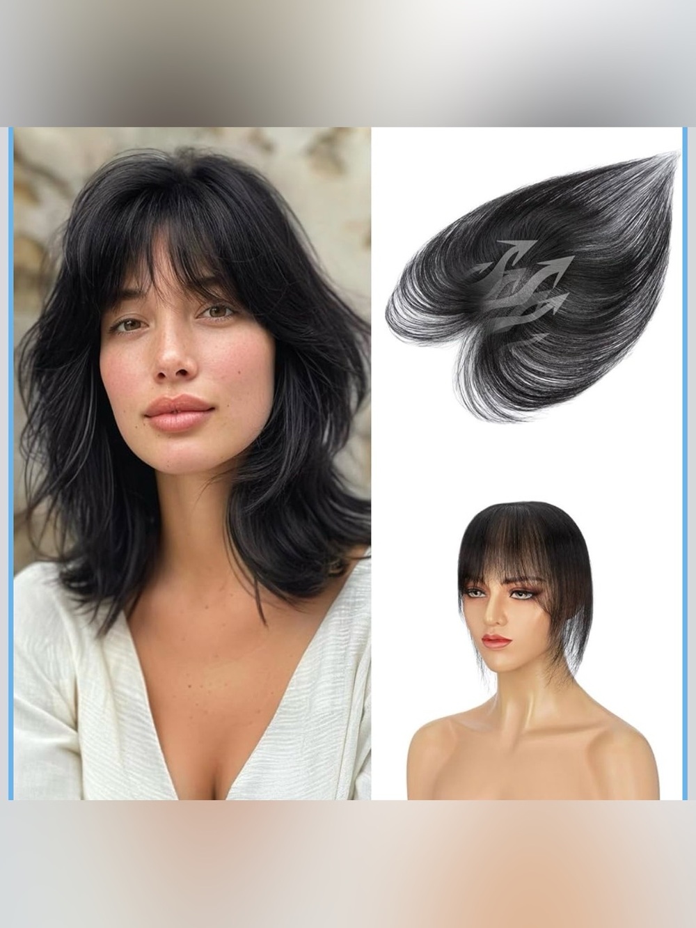 Topper Real Human Hair with Breathable Base Clip in Wispy Bangs 11Inch #1B